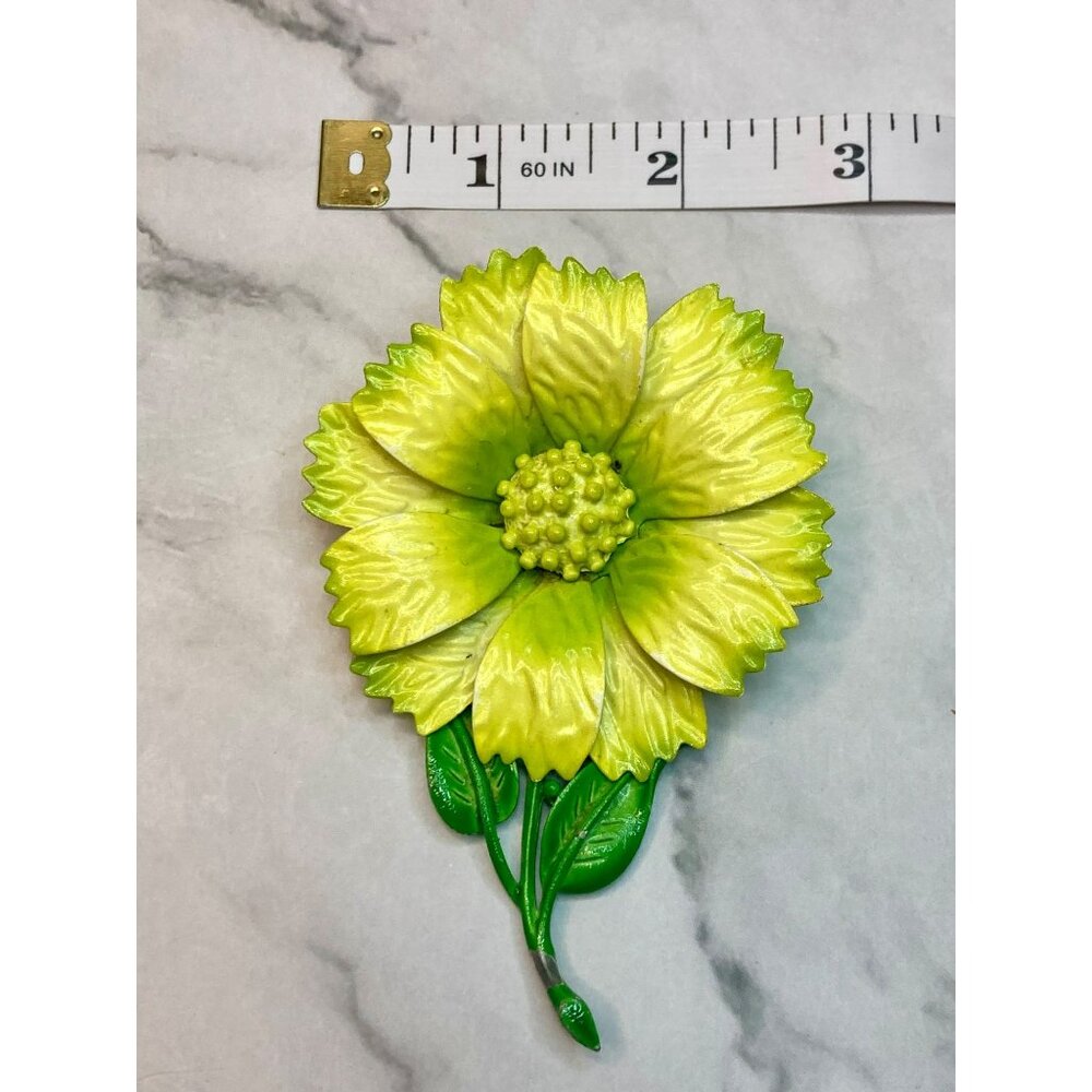 Hedy Vintage Yellow & Green Enamel Flower 1960’s Brooch Pin -278 - Picture 6 of 6